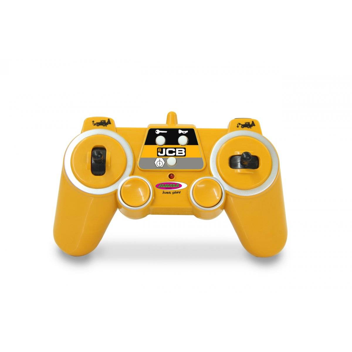 Gelber JCB-markierter Spielcontroller mit zwei analogen Sticks, Tasten und einem Cartoon-Gesichtsdesign auf weißem Hintergrund.
