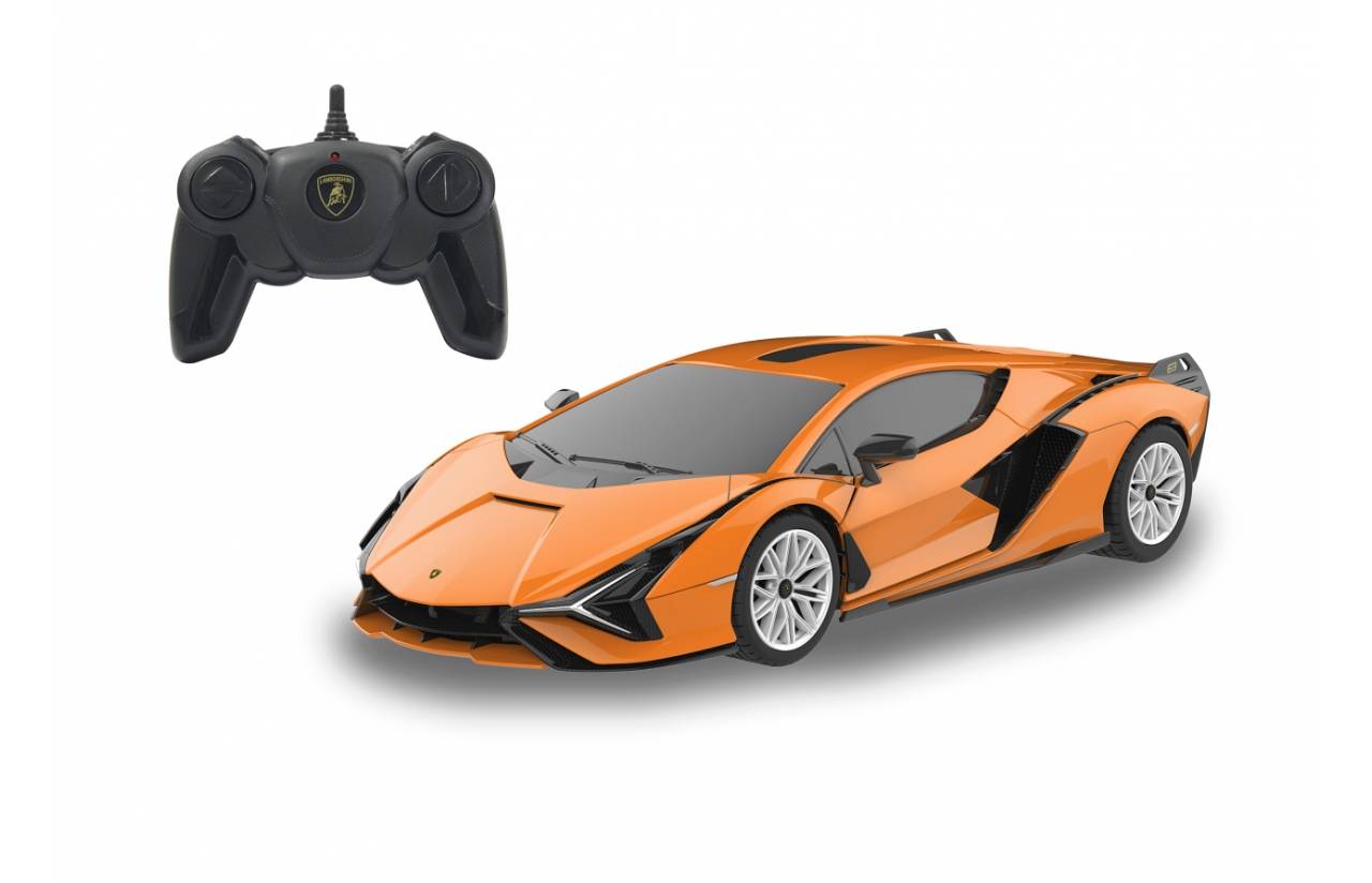 Orange Lamborghini-ähnliches Spielzeug-Sportauto mit schwarzer Fernbedienung auf weißem Hintergrund.