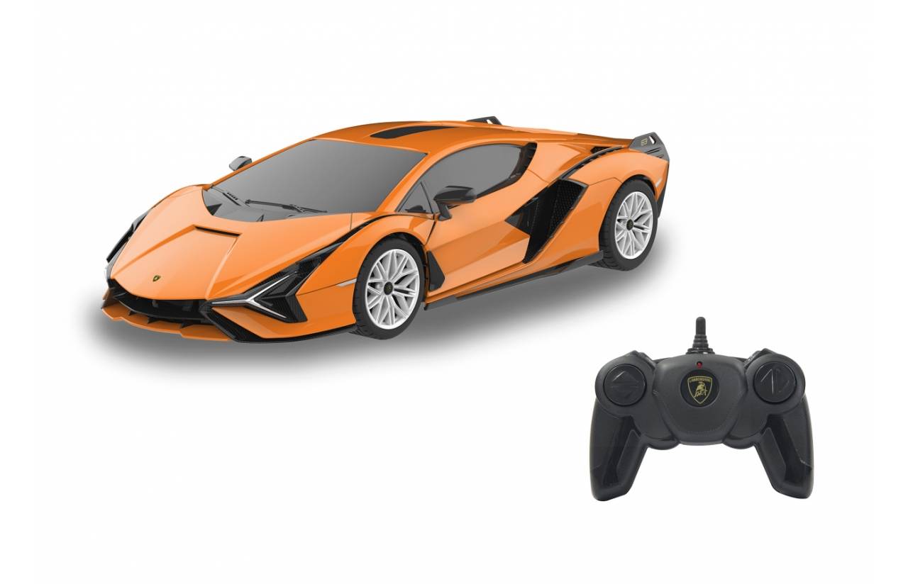Orangefarbener Lamborghini Sportwagen mit schwarzer Fernbedienung, was auf ein Spielzeug oder ferngesteuertes Fahrzeug hindeutet.