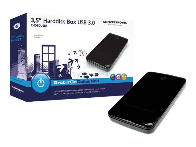Conceptronic 3,5-Zoll-Festplattenbox USB 3.0 Produktverpackung und zwei schwarze externe Laufwerksgehäuse auf weißem Hintergrund.