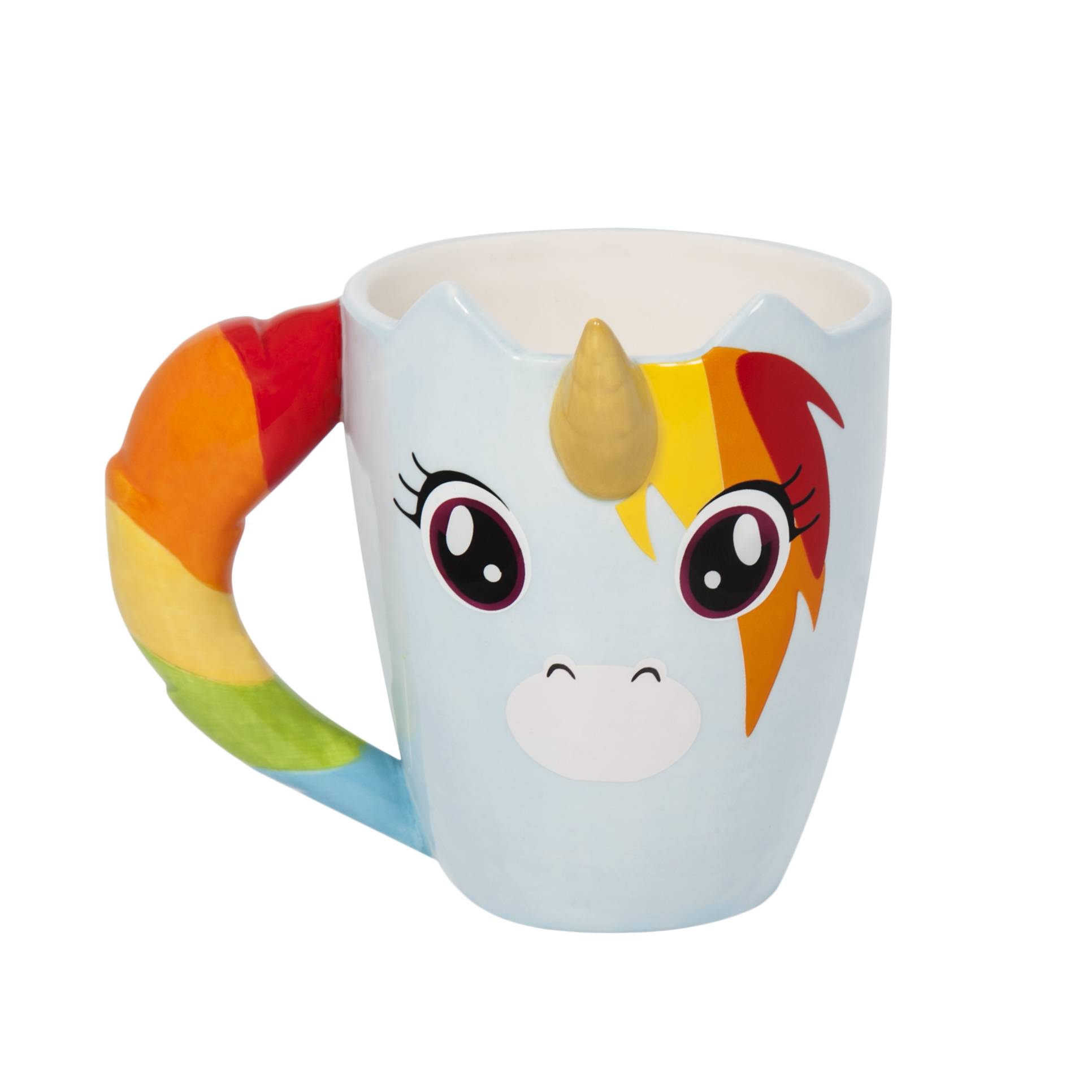 Hellblaue Tasse in Form eines Einhorngesichts mit regenbogenfarbenem Griff, Mähne und goldenem Horn auf weißem Hintergrund.