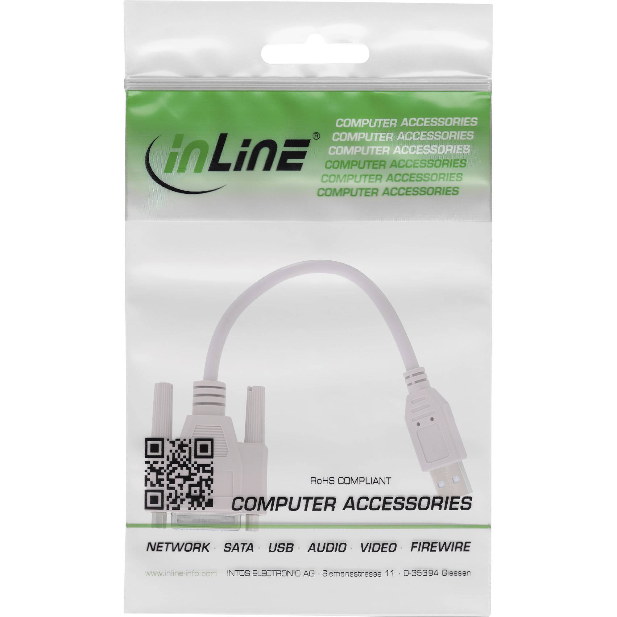 Verpackung für ein inLine-Computerzubehör-Kabel mit einem weißen Adapterkabel mit Steckern und Beschriftungen für Netzwerk, SATA, USB, Audio, Video und Firewire.