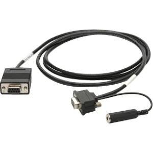 Serielles Kabeladapter mit DB9-Stecker auf einer Seite und einem kleinen Audio-Inline-Stecker auf der anderen Seite, aufgerollt auf weißem Hintergrund dargestellt.