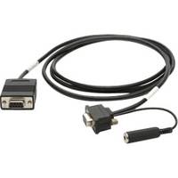 Schwarzes Adapterkabel mit einem DB9-Seriellstecker auf der einen Seite und einem kleinen audiotypischen Stecker und einer Buchse auf der anderen Seite.