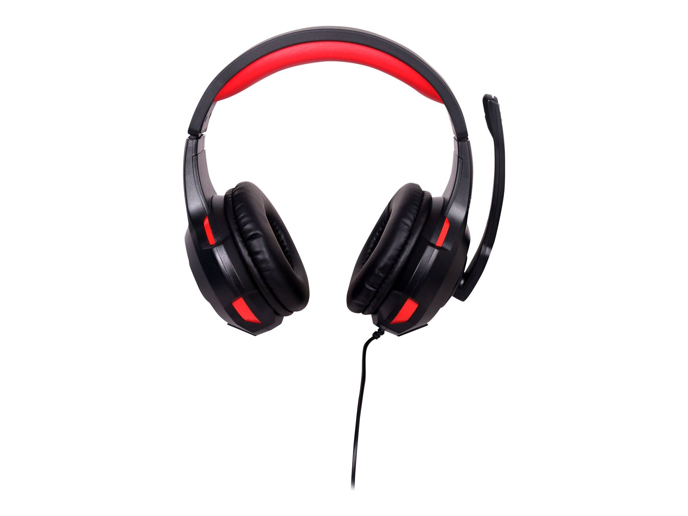 Schwarzes Over-Ear-Gaming-Headset mit roten Akzenten und ein Boom-Mikrofon auf weißem Hintergrund.