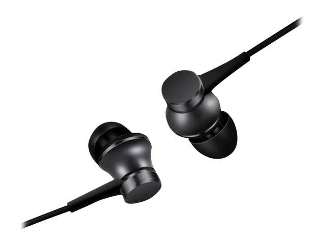 Zwei schwarze kabelgebundene In-Ear-Kopfhörer auf weißem Hintergrund, einer nach unten links geneigt und der andere nach oben rechts.