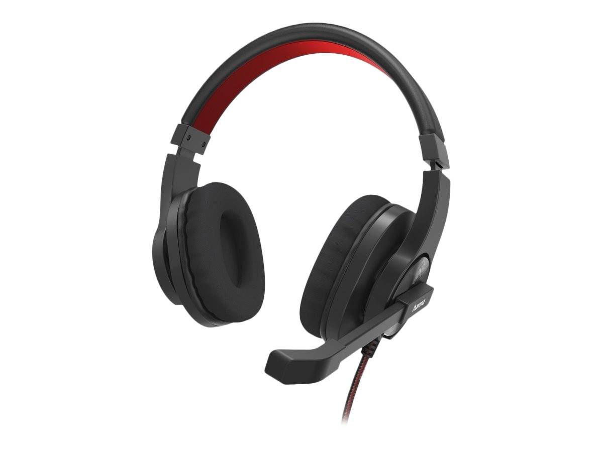 Schwarzes Over-Ear-Gaming-Headset mit angebrachtem Boom-Mikrofon und roter innerer Kopfbügel-Polsterung auf weißem Hintergrund.