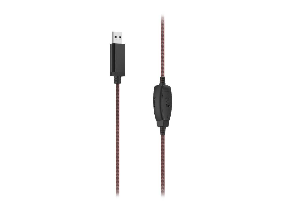 Schwarzes USB-Kabel mit geflochtenem rotem Kord und Inline-Steuertaste, auf weißem Hintergrund gezeigt.