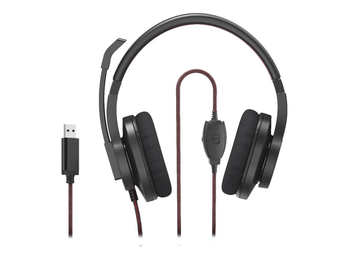 Schwarzes Over-Ear-Kopfhörer mit Mikrofon und Inline-Steuerung, gezeigt mit USB-Anschluss und geflochtenen Kabel auf weißem Hintergrund.