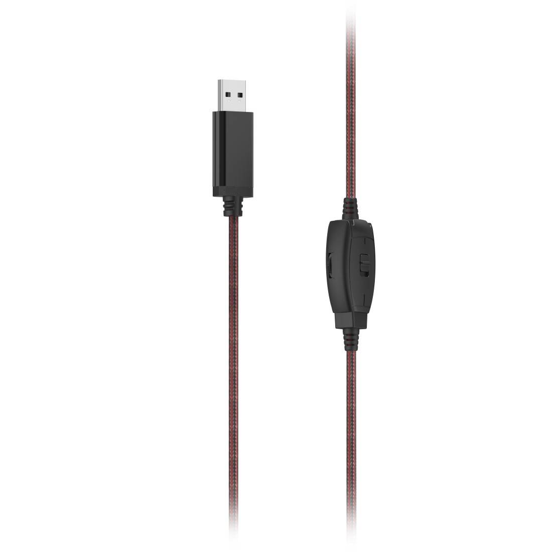USB-Kabel mit schwarzen Steckern und einer integrierten Bedienungsschalter auf einem rot geflochtenen Kabel vor weißem Hintergrund.