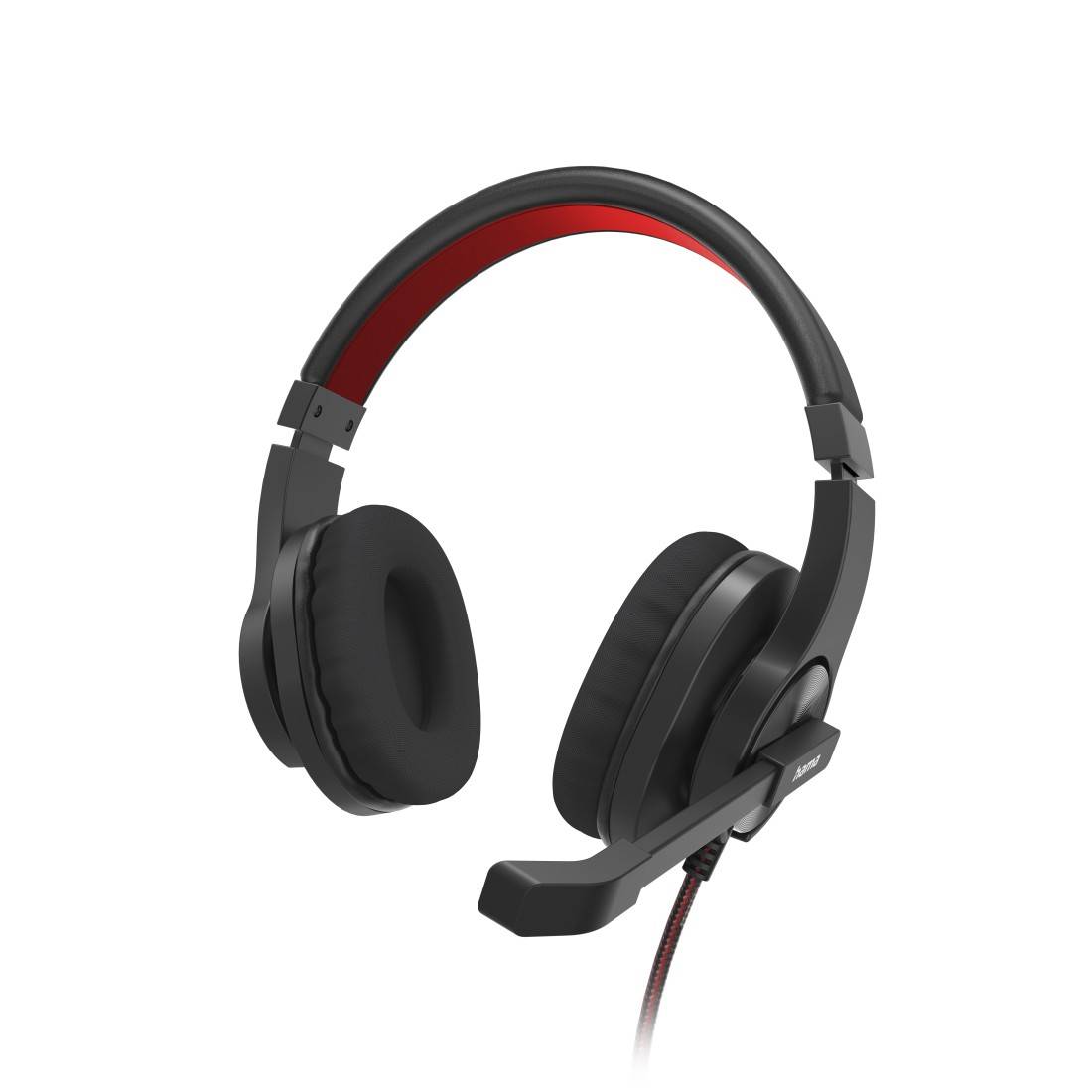 Schwarzes Over-Ear-Gaming-Headset mit roten Akzenten und angebrachtem Boom-Mikrofon auf weißem Hintergrund