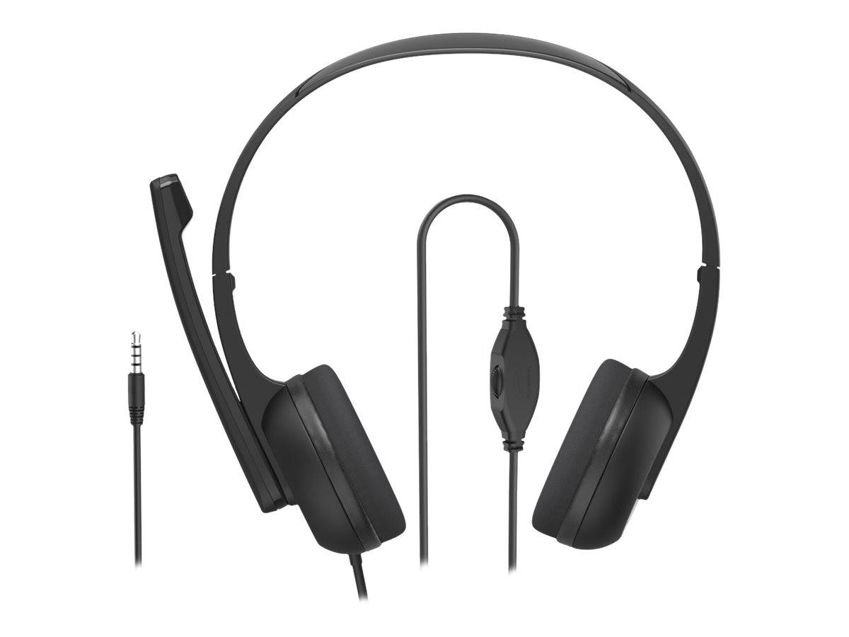 Schwarzes Over-Ear-Kopfhörer mit Kabel, Boom-Mikrofon und separatem 3,5-mm-Audioanschluss auf weißem Hintergrund.