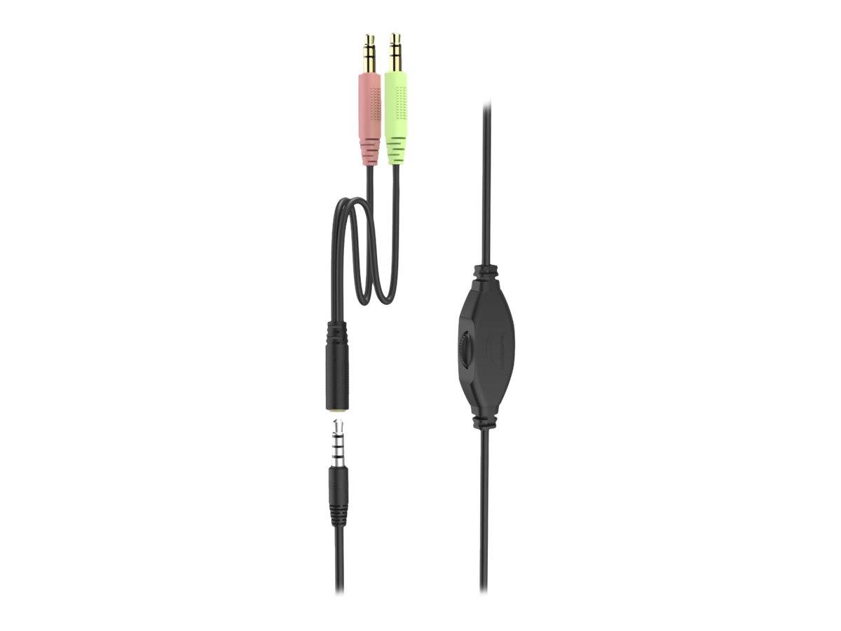 Schwarzes Audiokabel mit 3,5-mm-Stecker und geteilten Dual-Anschlüssen in Grün und Rosa für Mikrofon und Kopfhörer.