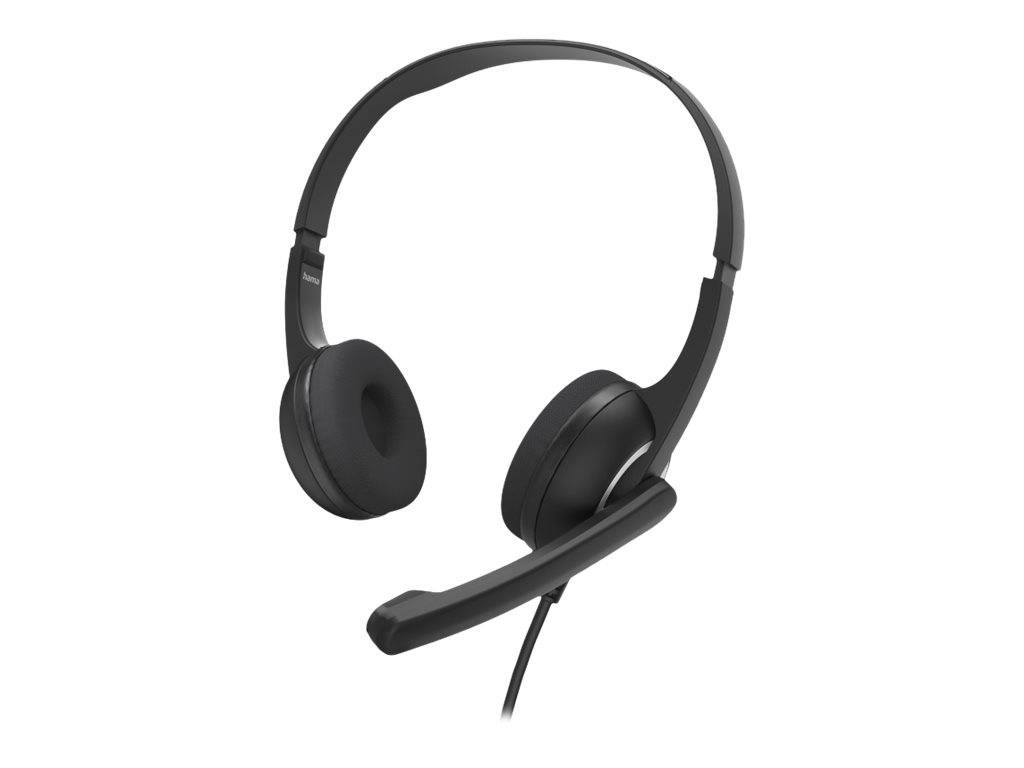 Schwarzes Over-Ear-Headset mit verstellbarem Kopfbügel, gepolsterten Ohrmuscheln und angebrachtem Boom-Mikrofon auf weißem Hintergrund.