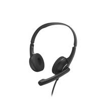 Schwarzes kabelgebundenes Over-Ear-Headset mit Mikrofon-Ausleger auf weißem Hintergrund.