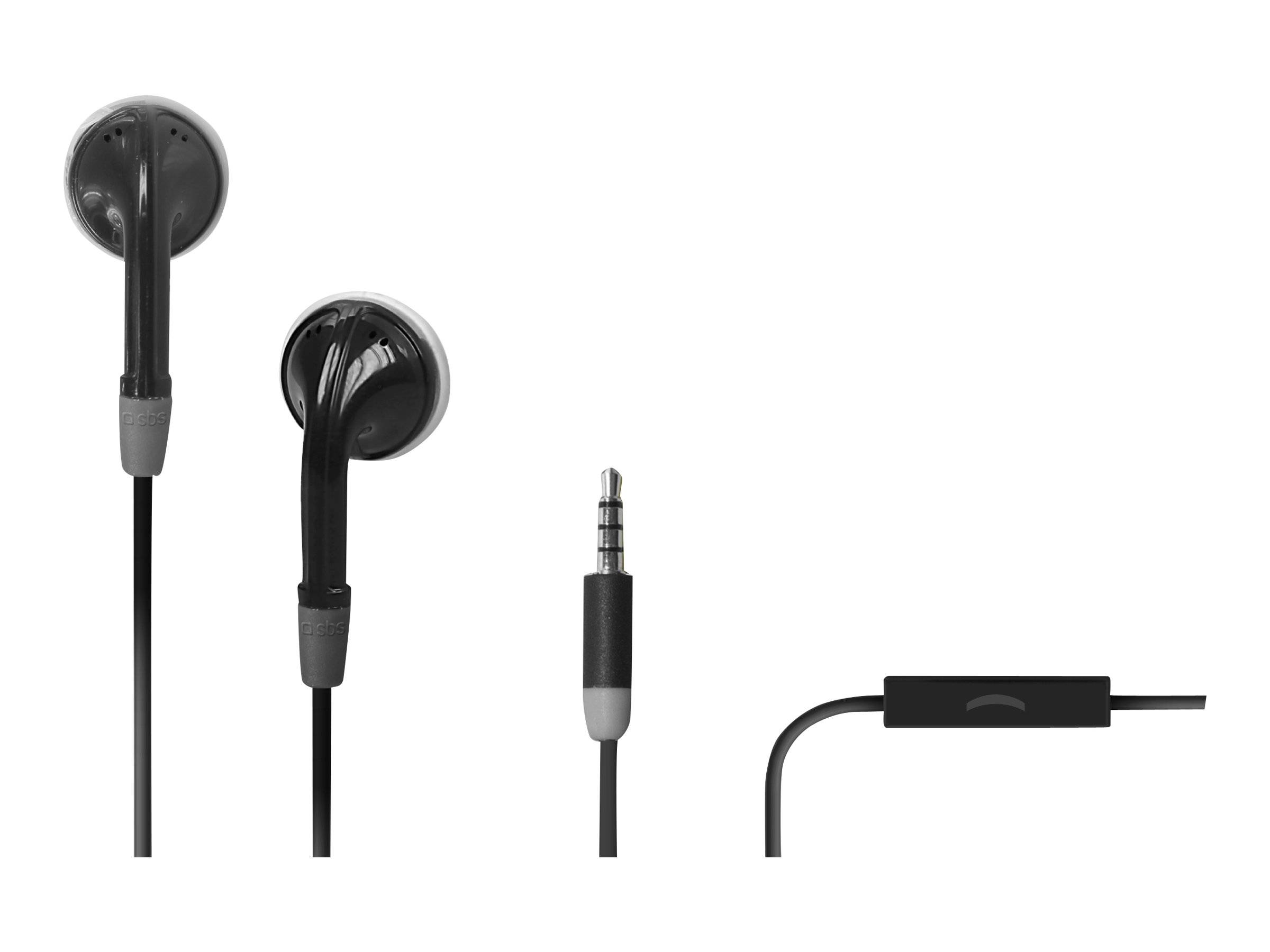 Schwarze kabelgebundene In-Ear-Kopfhörer mit 3,5-mm-Klinkenstecker in mehreren Ansichten, einschließlich der Ohrhörer und der integrierten Fernbedienung/des Mikrofons.