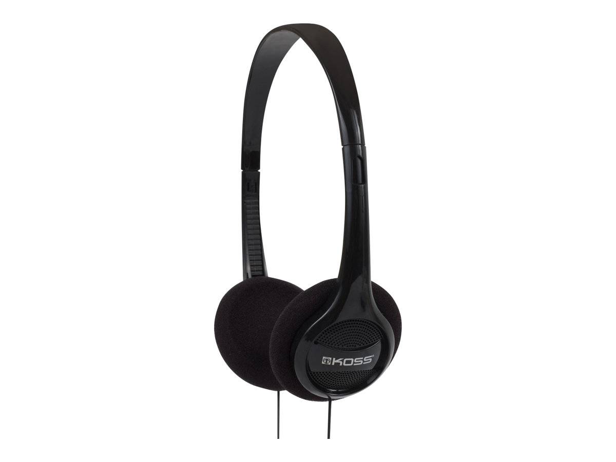 Schwarze Over-Ear-Kopfhörer von Koss mit schmalem Kopfbügel und Schaumstoff-Ohrpolstern auf weißem Hintergrund.
