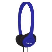 Blaue On-Ear-Kopfhörer mit einem langen Kopfbügel und schwarzen Ohrpolstern auf weißem Hintergrund.