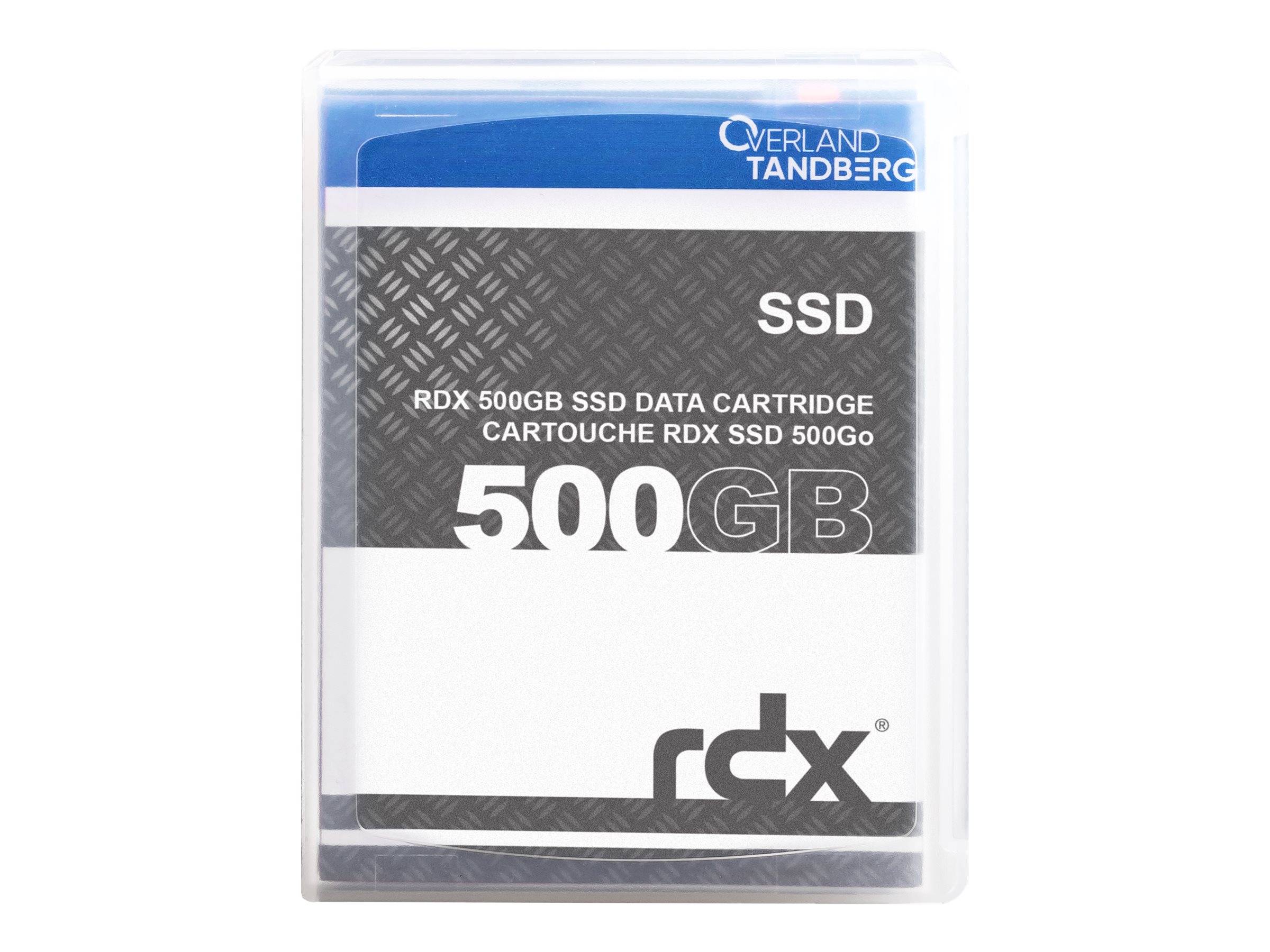 Overland Tandberg RDX 500GB SSD-Datenkassette in einem transparenten Kunststoffgehäuse.