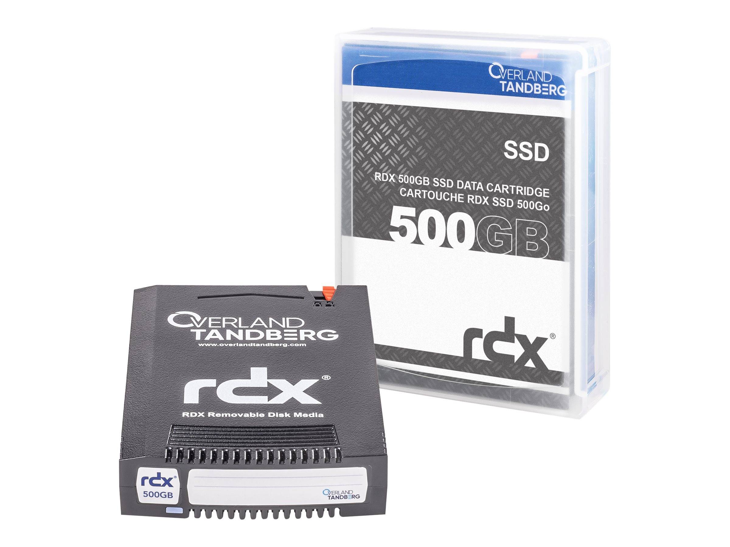 RDX 500GB Wechselmedium-Kartuschen und SSD-Kartuschengehäuse auf weißem Hintergrund dargestellt.