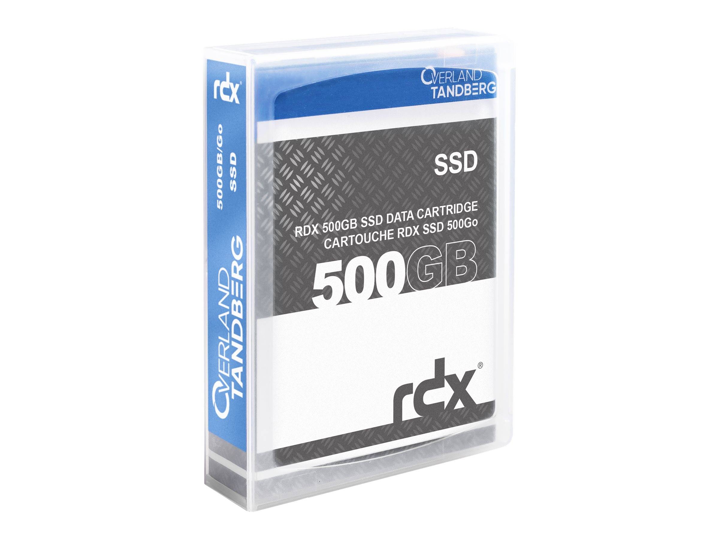 RDX 500GB SSD Datenkassette in durchsichtiger Kunststoffhülle, mit den Aufschriften „RDX 500GB SSD