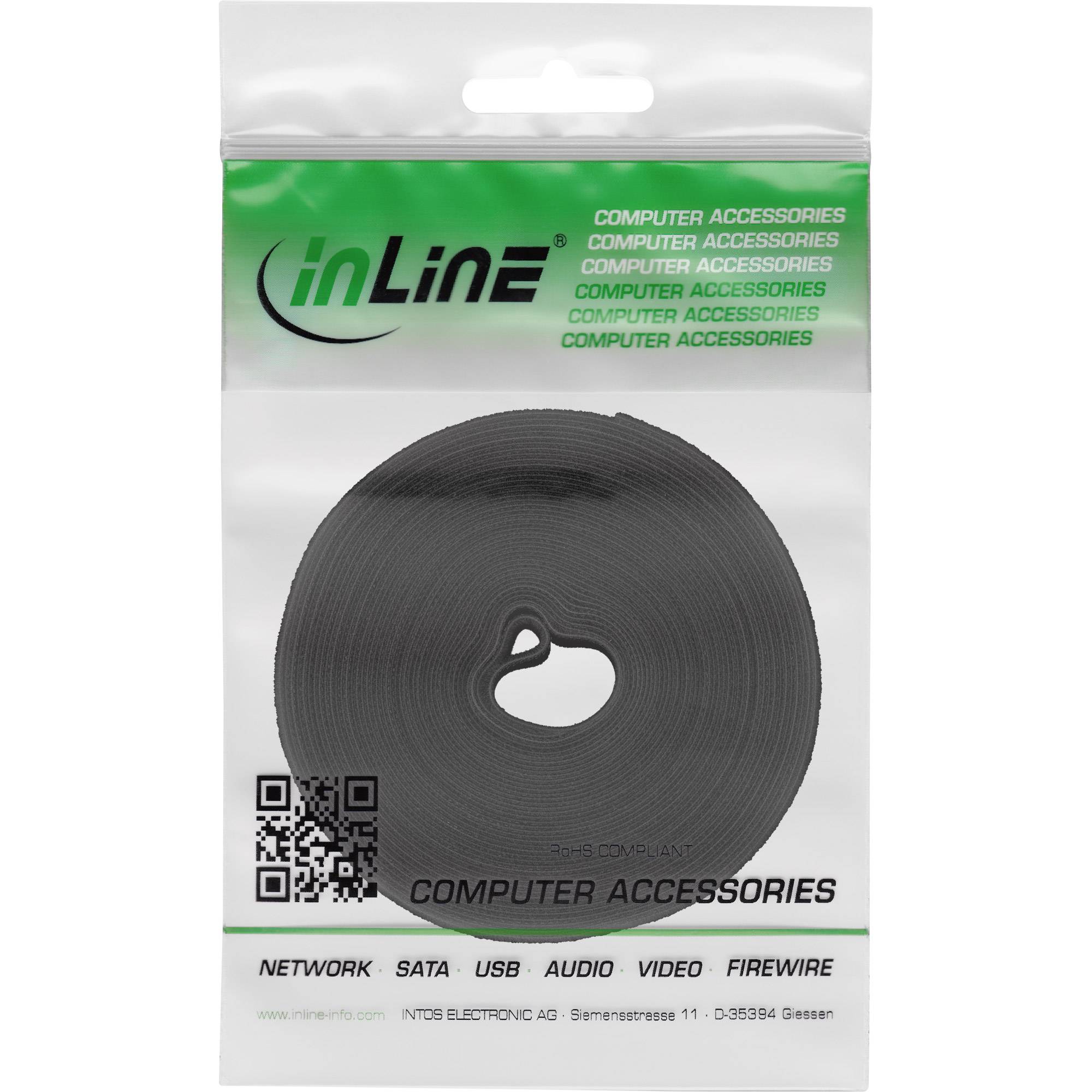 Gerolltes schwarzes Kabel in Verpackung mit der Bezeichnung 'inLine' und 'COMPUTER ACCESSORIES', mit aufgelisteten Netzwerk-, SATA-, USB-, Audio-, Video- und Firewire-Kabeln.