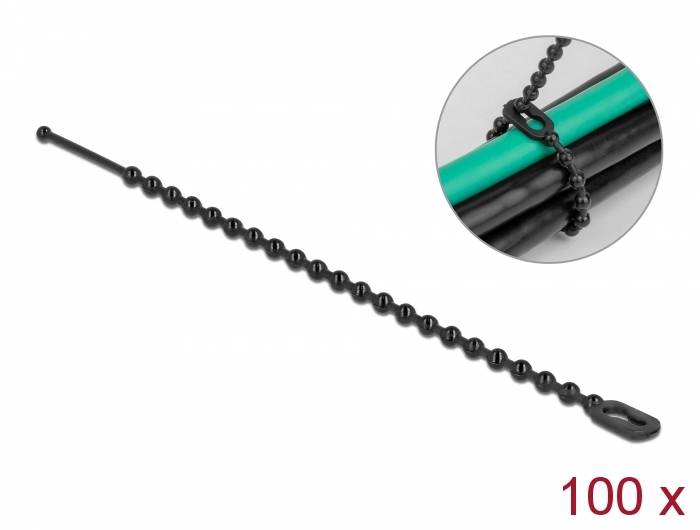 Delock - Kabelbinder - mit Perlen, wiederverwendbar - 10 cm - Schwarz (Packung mit 100)
