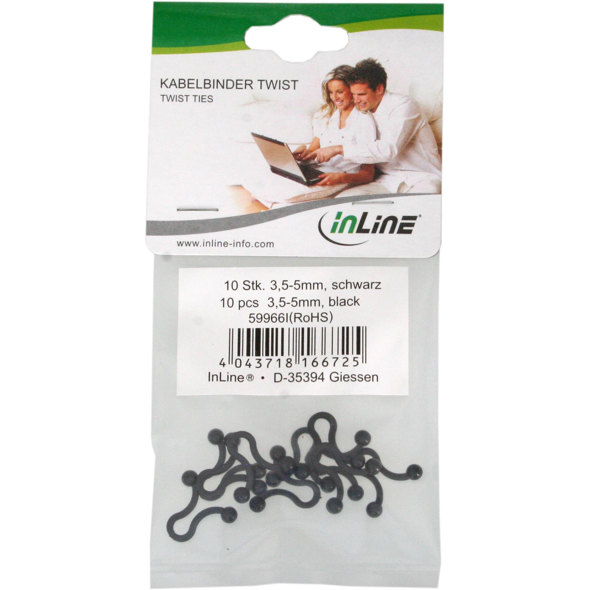 InLine Twist Ties 3.5-5mm - Kabelbinder - Schwarz (Packung mit 10)