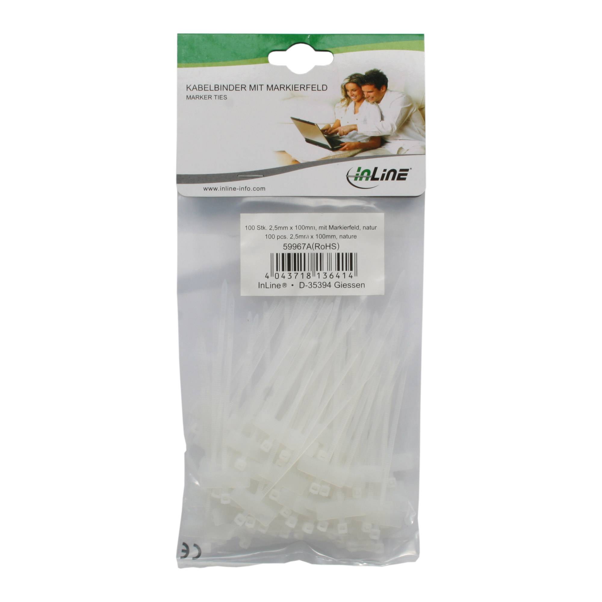 Paket mit weißen Kabelbindern mit Markierungsfeldern, mit der Bezeichnung InLine, hängend auf einer Einzelhandels-Blisterverpackung.