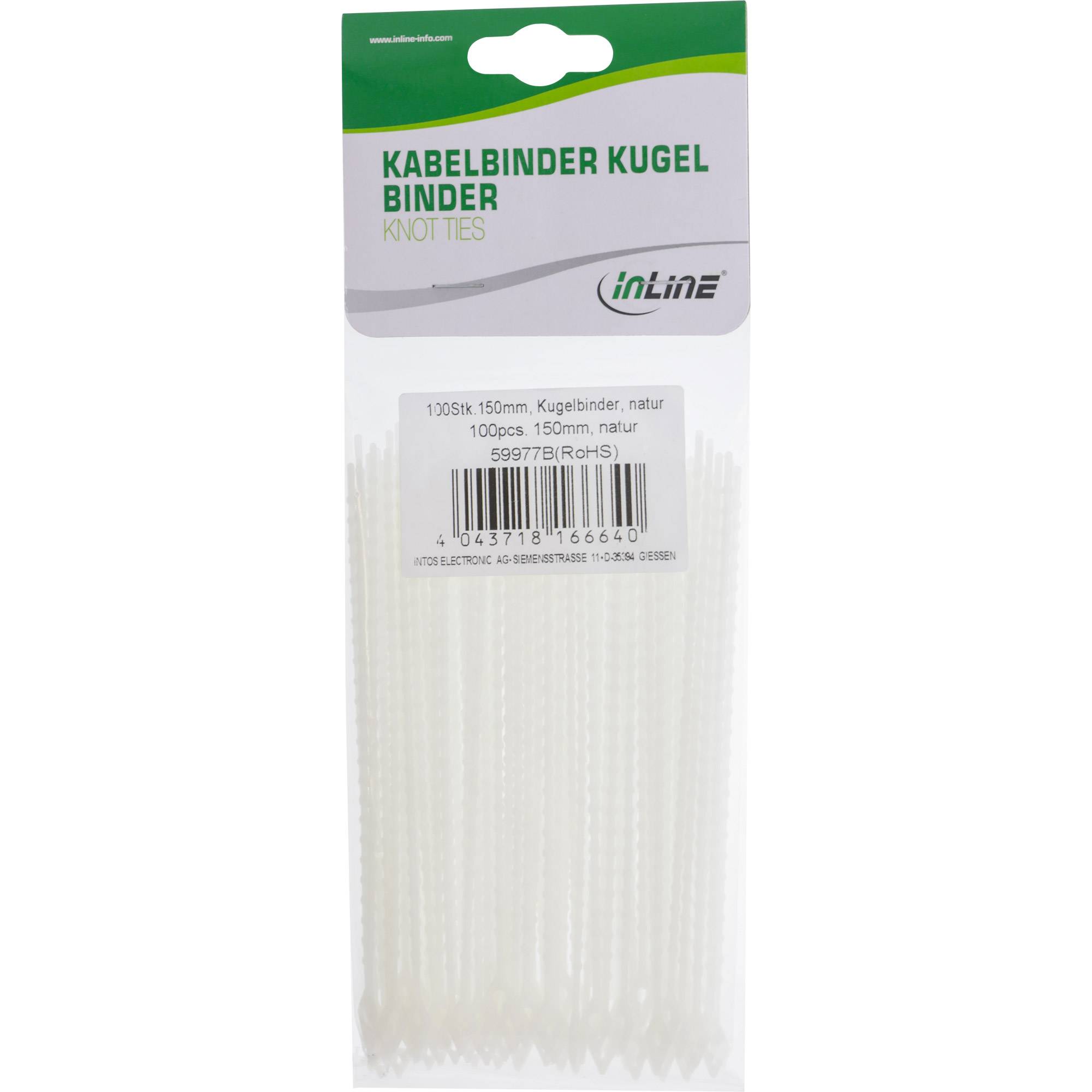 Paket von InLine Kabelbindern mit der Bezeichnung „KABELBINDER KUGELBINDER" und „KNOT TIES"", 100 Stück, 150 mm, Naturfarbe, mit Barcode.