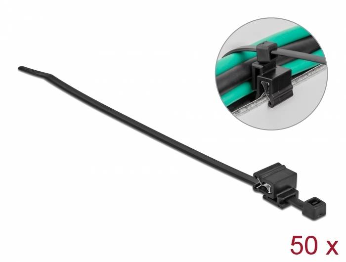 Schwarze Kabelbinder mit Befestigungsclip, gezeigt mit vergrößerter Nahaufnahme des Clips, der Kabel sichert; beschriftet mit „50 x