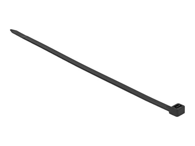 Schwarzes Kunststoff-Kabelbinder mit Verriegelungskopf, auf weißem Hintergrund abgebildet.