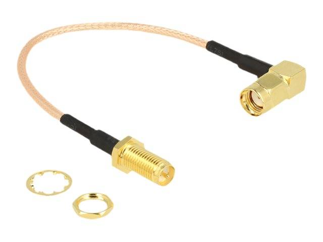 Goldenes koaxiales Adapterkabel mit zwei rechtwinkligen Steckern und zwei kleinen Befestigungsringen auf weißem Hintergrund.