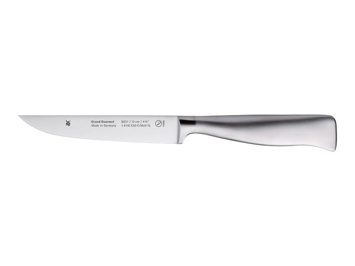 Silbernes Küchenmesser mit langer Klinge und gebogenem Griff, dargestellt auf weißem Hintergrund.