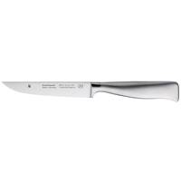 Ein Küchenmesser aus Edelstahl mit einer langen Klinge und schlankem silbernem Griff, gezeigt in Seitenansicht auf weißem Hintergrund.