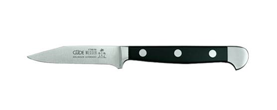 Ein kleines Küchenmesser mit feststehender Klinge, silberner Klinge und dunklem Griff, horizontal auf weißem Hintergrund dargestellt.