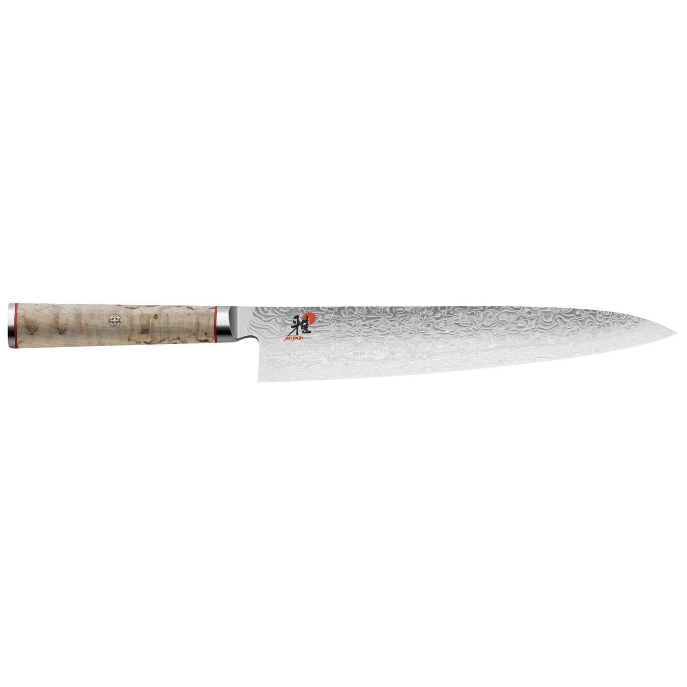 Japanisches Küchenmesser mit gemusterter Stahlklinge und leichtem Holzgriff auf weißem Hintergrund.