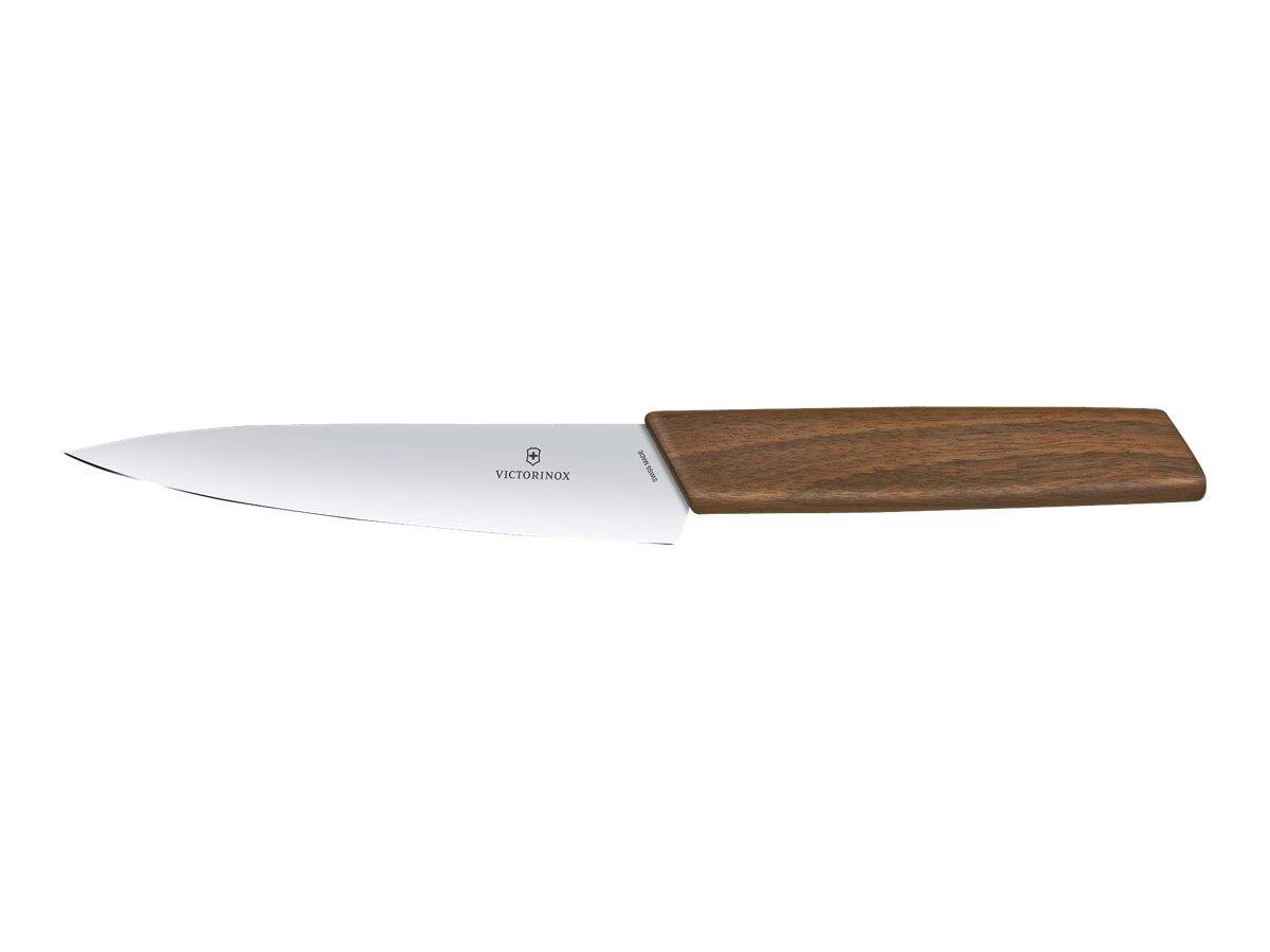 Victorinox-Küchenmesser mit silberner Klinge und Holzgriff auf weißem Hintergrund.