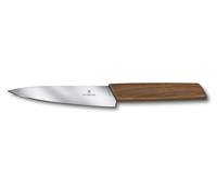 Ein silbernes Küchenmesser mit Holzgriff, horizontal auf weißem Hintergrund dargestellt.