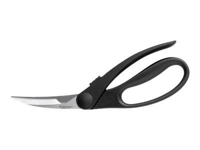 Schwarze Küchenschere mit gezahnten silbernen Klingen und ovalen Griffen auf weißem Hintergrund.