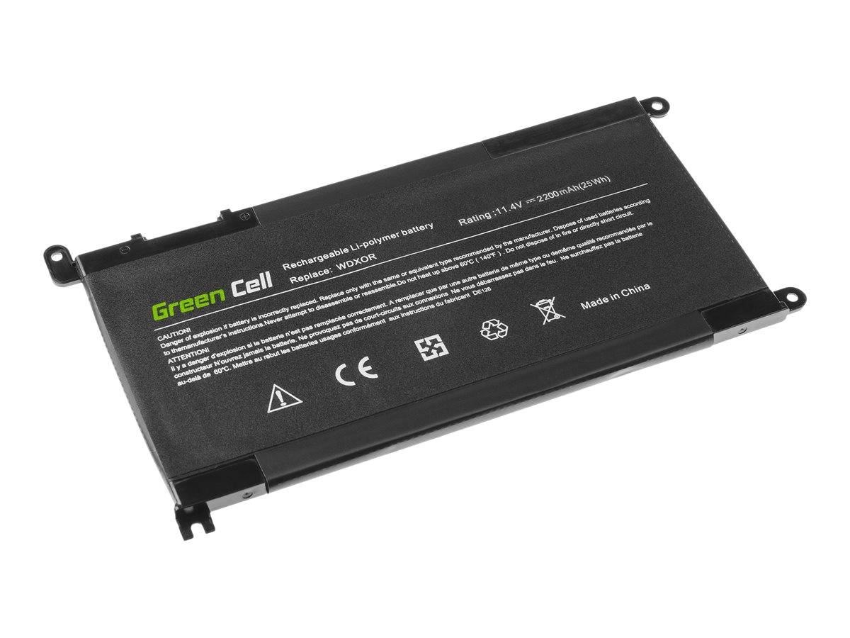 Schwarze grüne Ersatz-Laptop-Batterie auf weißem Hintergrund mit gedruckten Spezifikationen und Sicherheitssymbolen.