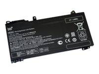 Schwarzes rechteckiges Laptop-Akkupack mit Steckerkontakten und aufgedruckten Sicherheitssymbolen und Etiketten auf der Oberseite.