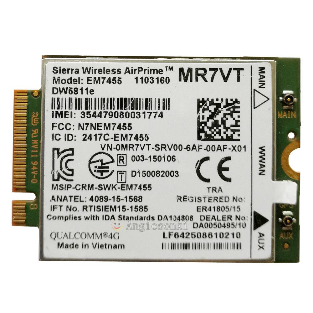 Sierra Wireless AirPrime MR7VT 4G LTE Modemmodul-Leiterplatte mit beschrifteten Anschlüssen und Zulassungsaufklebern.