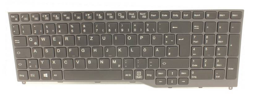 Draufsichtfoto einer Laptop-Tastatur in Vollgröße mit Zahlenblock, dunklen Tasten und hellgrauer Beschriftung auf grauer Grundfläche.