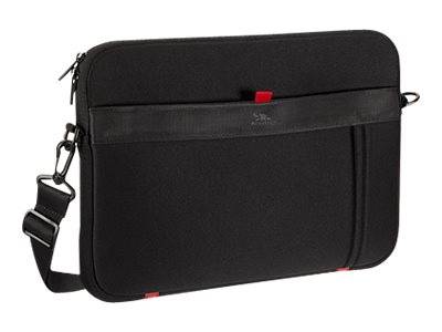 Schwarze Laptop-Umhängetasche mit Schultergurt und vorderer Reißverschlusstasche, auf weißem Hintergrund abgebildet.
