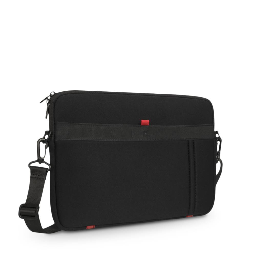 Schwarze Laptop-Umhängetasche mit Reißverschlussverschluss, Vordertasche und verstellbarem Riemen auf weißem Hintergrund.