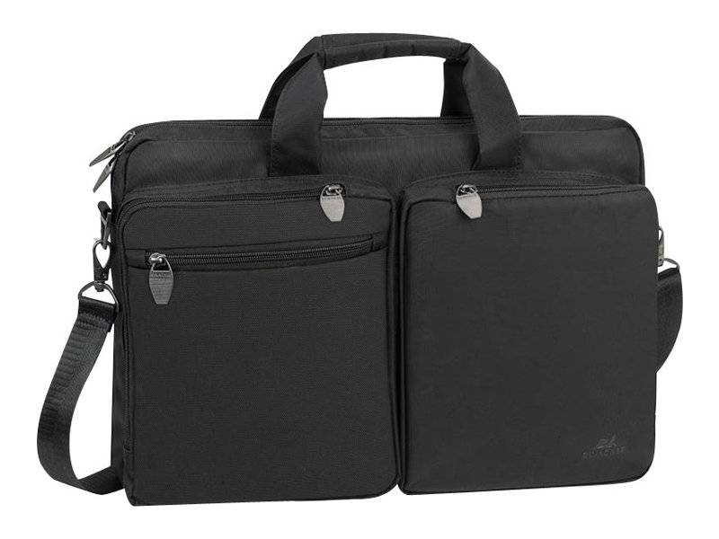Schwarze Laptop-Aktentasche mit Obergriffen, Schultergurt und zwei vorderen Reißverschlusstaschen auf weißem Hintergrund