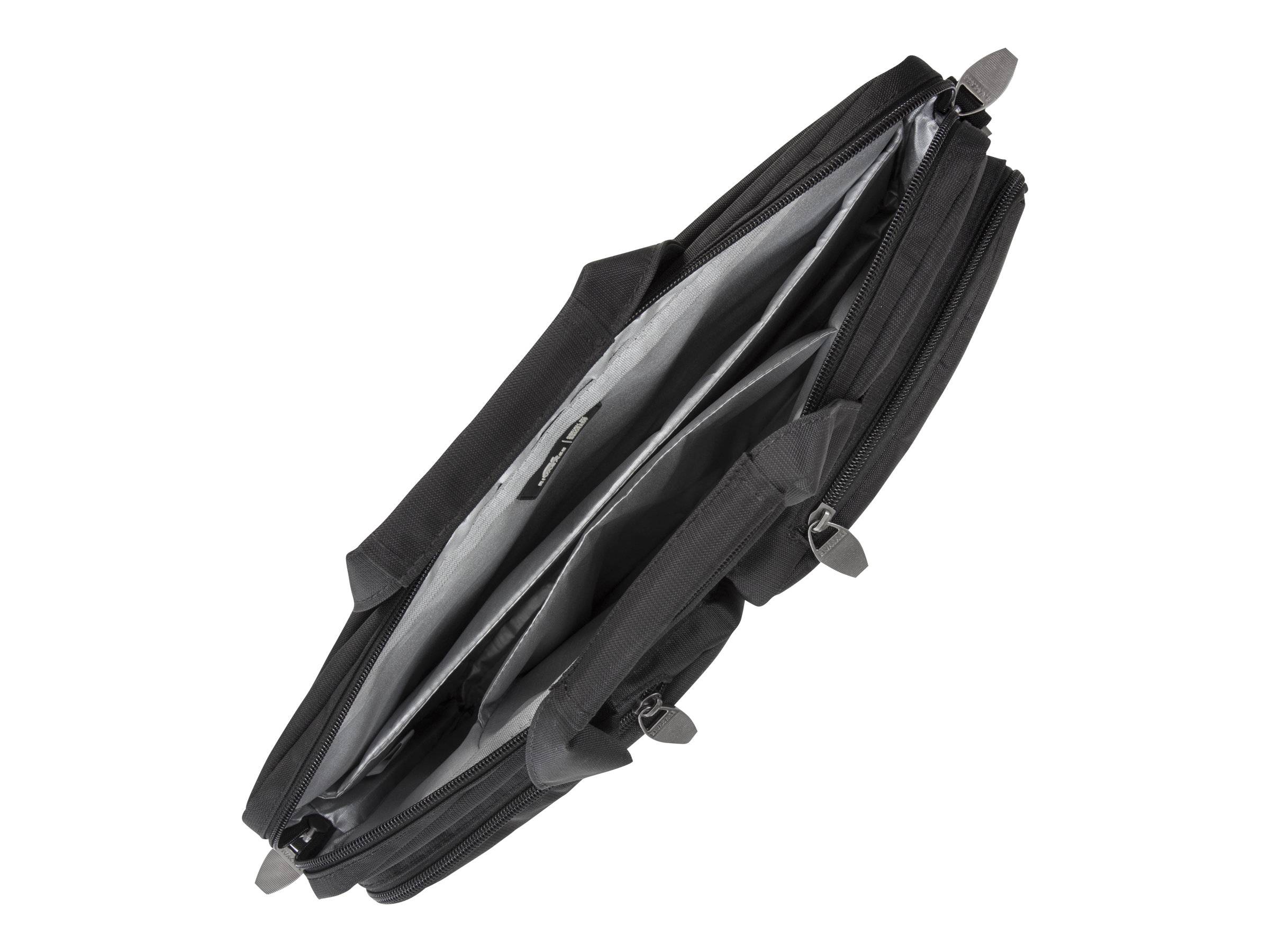 Schwarze Laptop-Aktentasche oder Tragetasche mit Reißverschluss, geöffnet auf weißem Hintergrund dargestellt, mit sichtbaren Griffen und Schultergurt-Befestigungen.