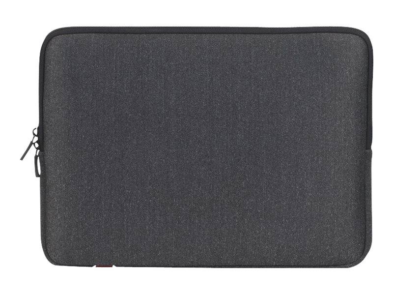 Dunkelgraue Laptop-Schutzhülle oder Tragecase mit Reißverschluss und abgerundeten Ecken, dargestellt vor weißem Hintergrund.