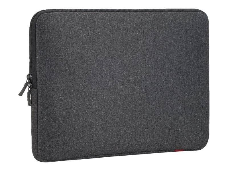 Schwarze Schutzhülle für Laptop mit Reißverschluss auf weißem Hintergrund.